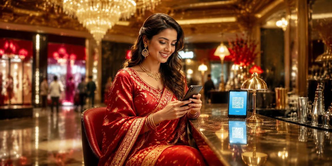 Indian woman using phone for mobile online gaming payment